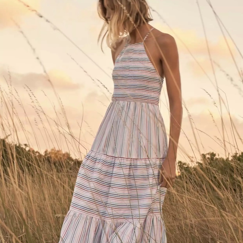 Ella Striped Smocked Strappy Open Back Tiered Maxi Dress - Picture 2 of 8